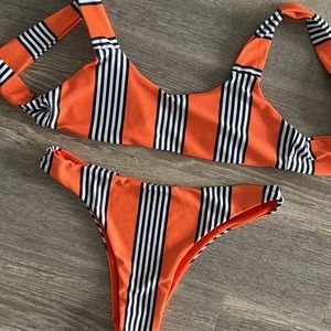 SheIn Orange Black Stripe Tie Bikini Set